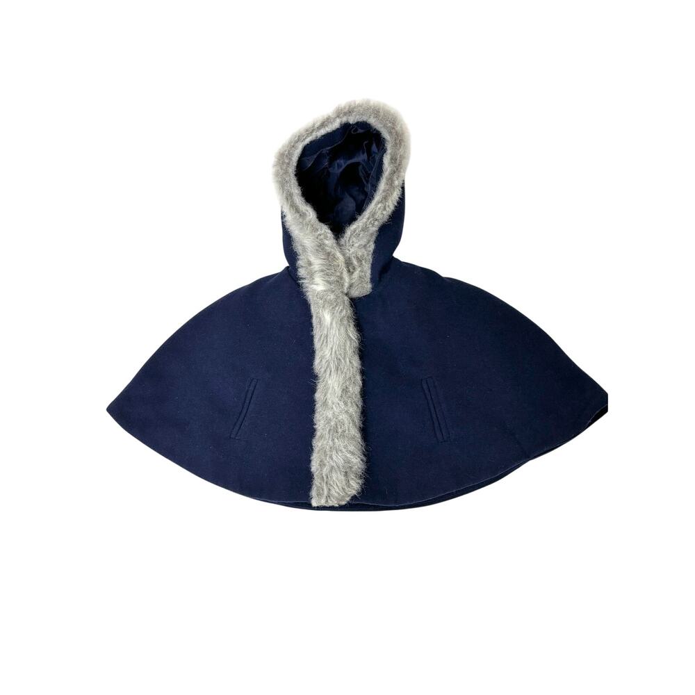 Janie & Jack Faux Fur Trimmed Hooded Navy Cape 6-12 month